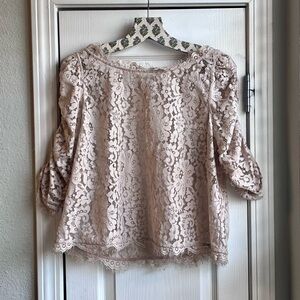 JOIE Fanny Lace Overlay Cropped Blouse Keyhole Back Cream Blush Beige Size M